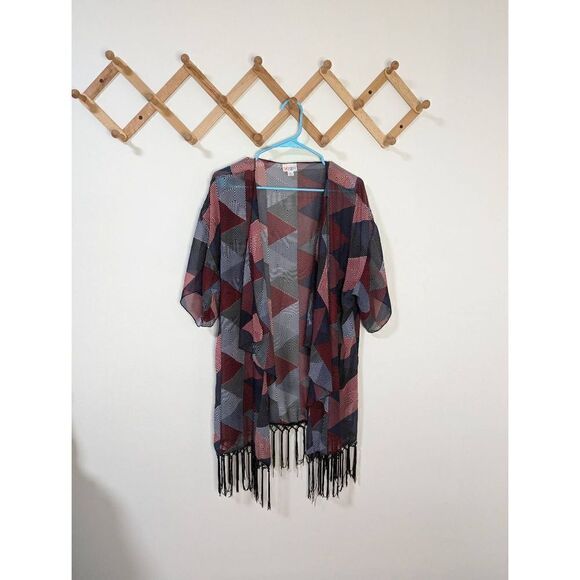 Lularoe Geometric Red White Blue Grey Kimono with Black Fringe - Picture 1 of 9